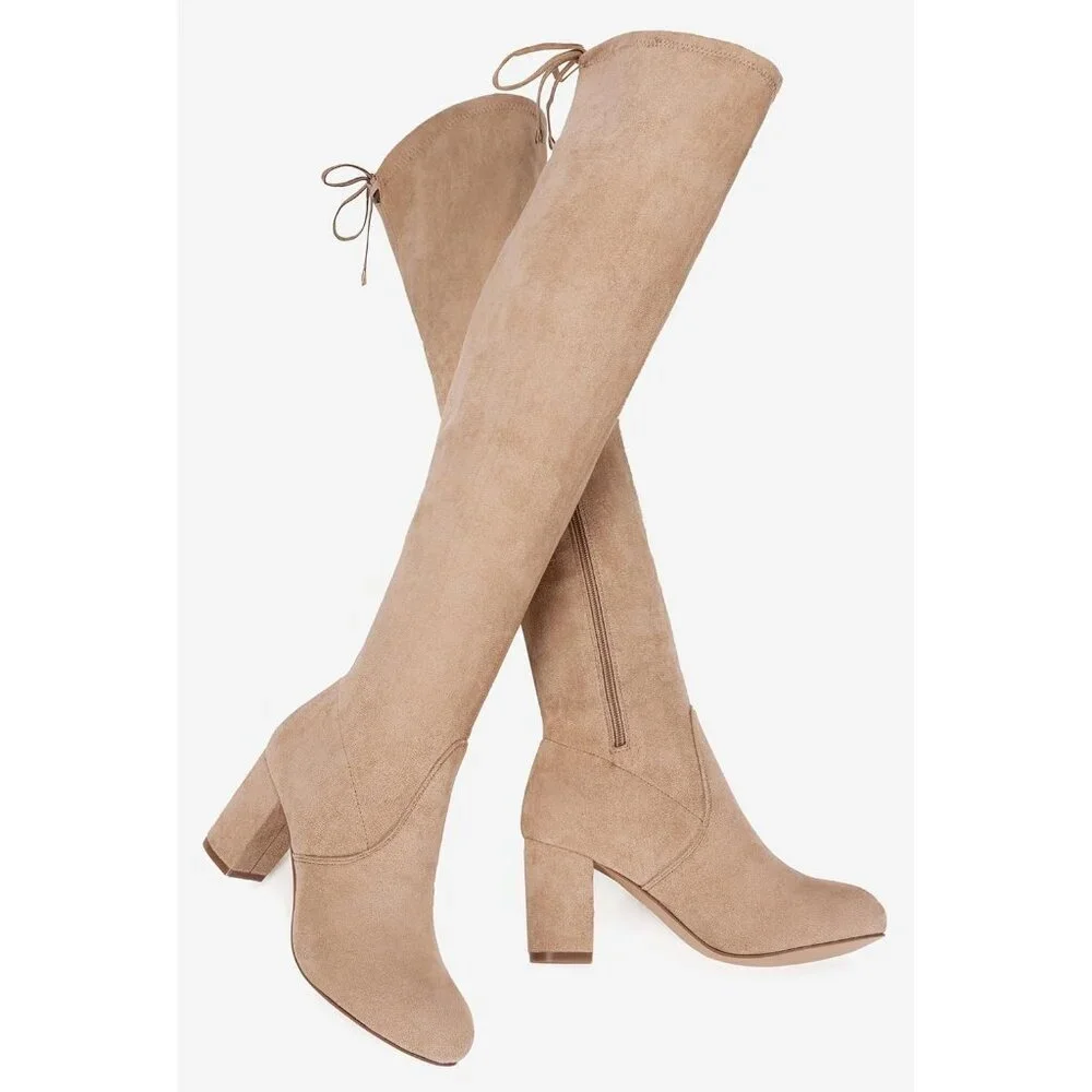 Women's Sand Suede Inner Zipper Thigh High Over The Knee High Square Heel Boots
